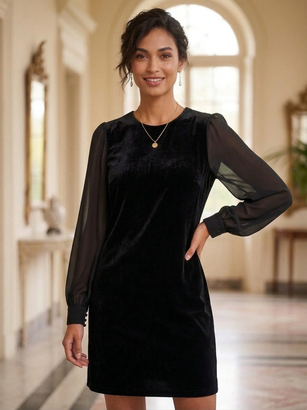 J.Crew Black Velvet Shift Cocktail Dress Sheer Chiffon Sleeves Women’s Size 10
